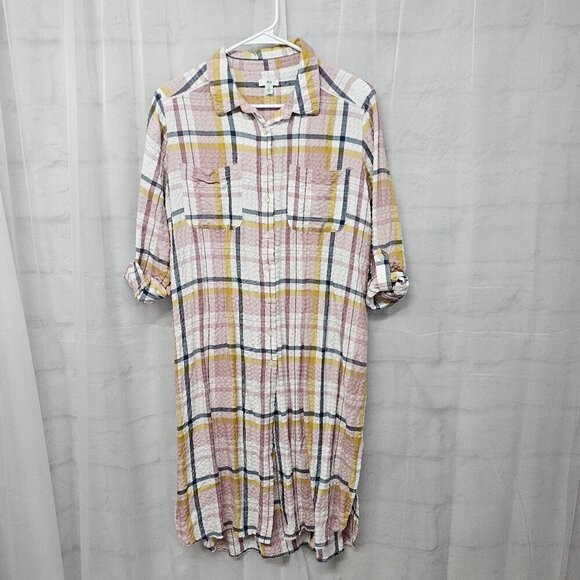 Pink Yellow Plaid Button Down Midi Shirt Dress Tunic Preppy Boho M - Picture 10 of 13